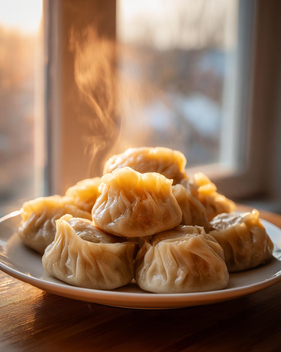 A close-up of freshly steamed Traditional Chinese Dumplings piled on a white plate, with steam rising in the warm light.