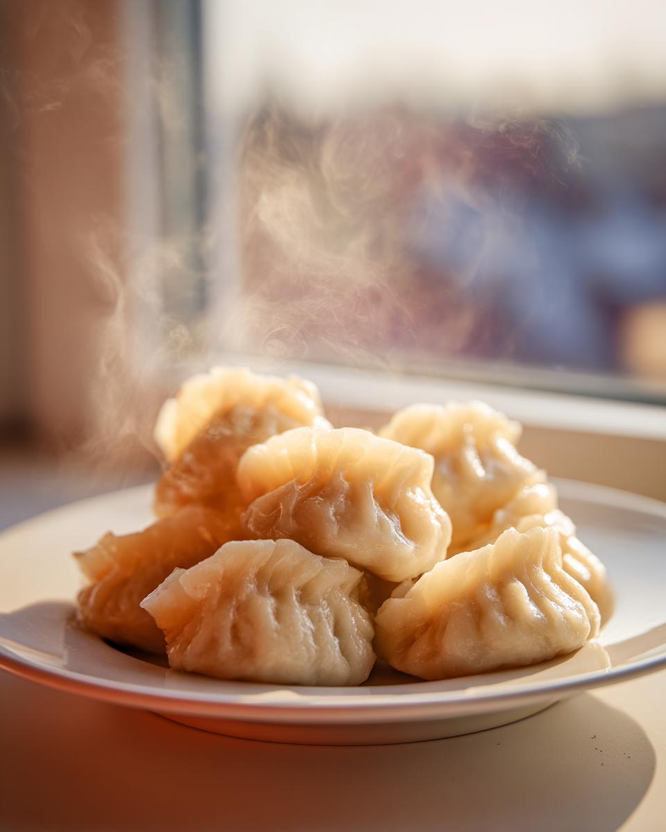Close-up of freshly steamed Traditional Chinese Dumplings piled on a white plate, with steam rising in the sunlight.