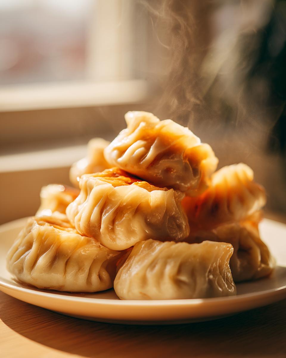 A close-up of a stack of steaming Traditional Chinese Dumplings on a light-colored plate, backlit by sunlight.