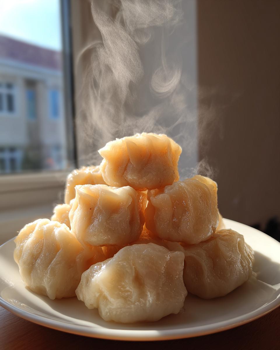 A stack of steaming hot Traditional Chinese Dumplings glistening under natural light near a window.
