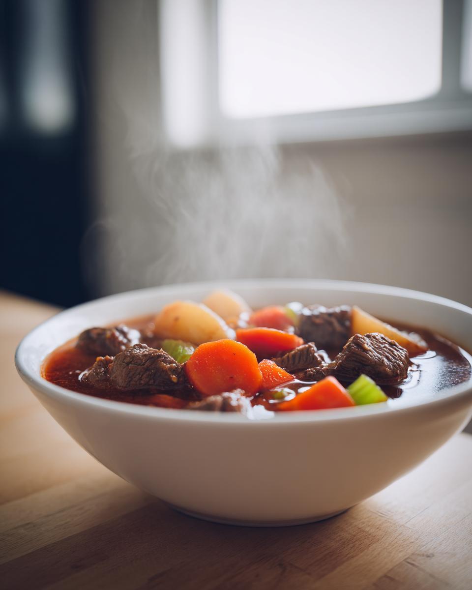 A steaming white bowl filled with rich vegetable beef soup, featuring chunks of beef, carrots, and potatoes.