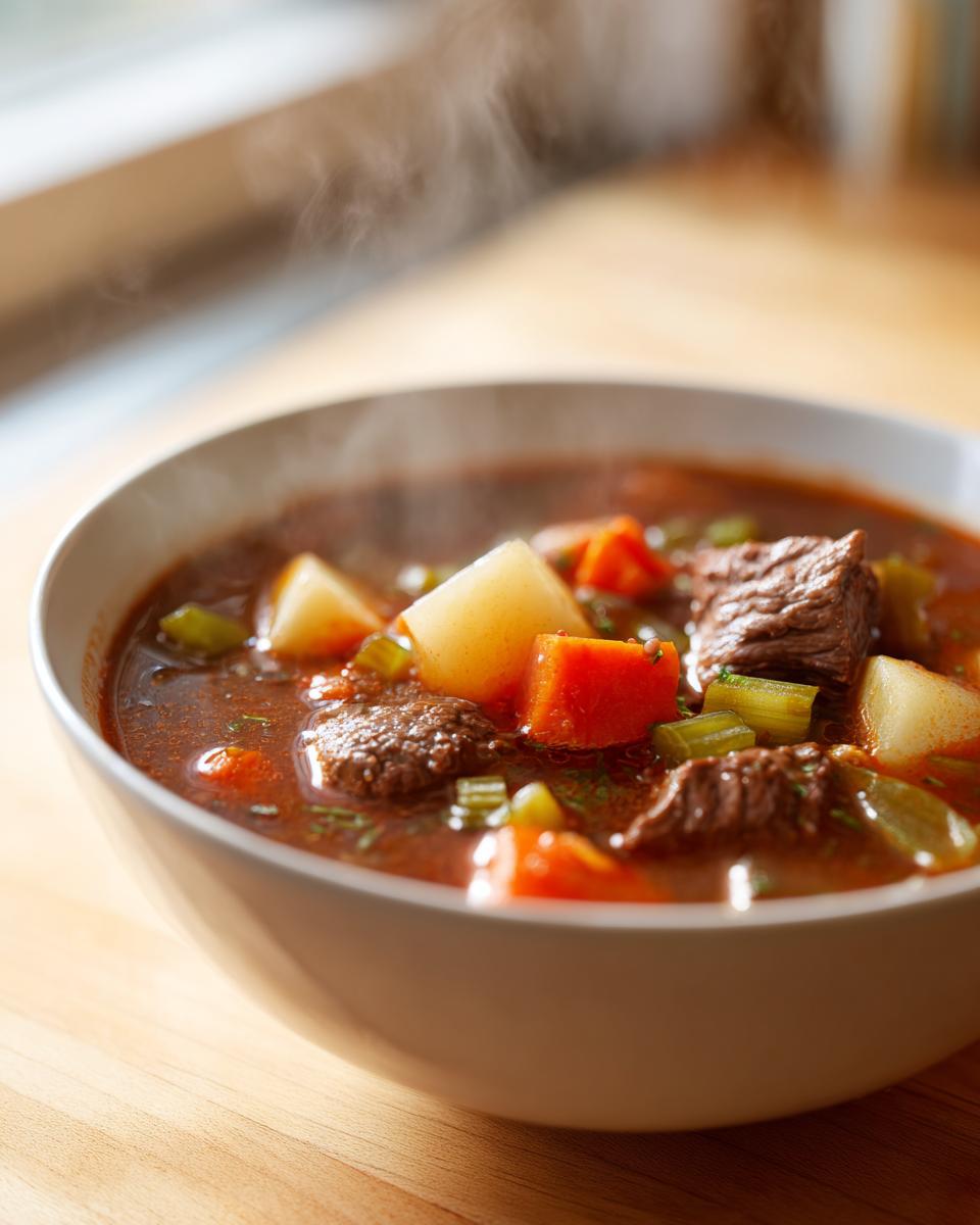 Close-up of a steaming white bowl filled with rich vegetable beef soup, showing chunks of beef, potatoes, carrots, and celery.