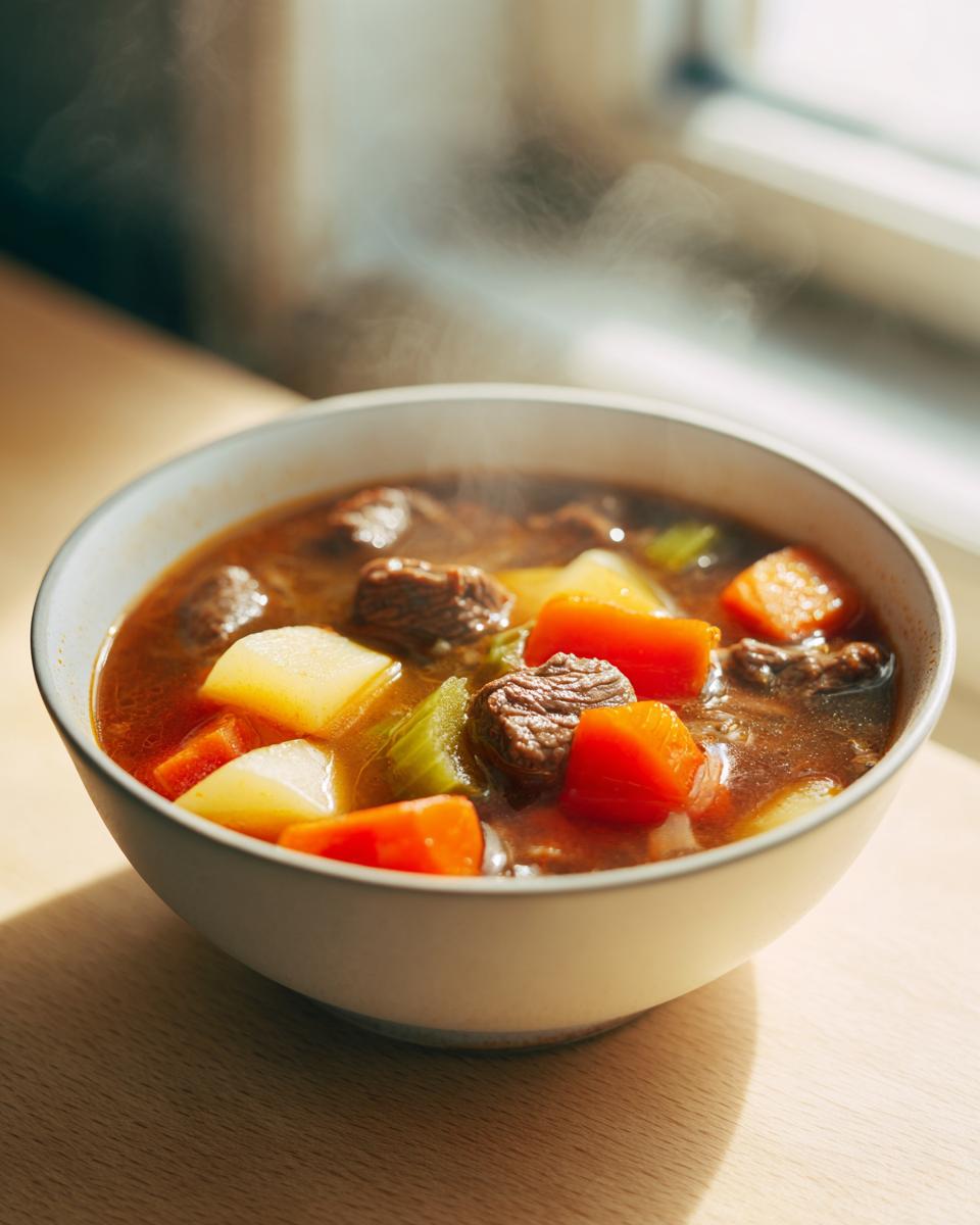 A steaming bowl of rich vegetable beef soup featuring tender beef chunks, carrots, potatoes, and celery.