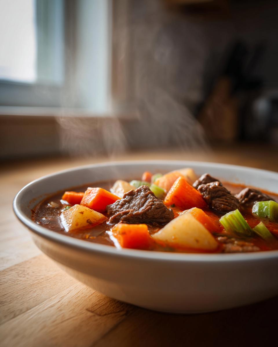 Close-up of a steaming bowl of rich vegetable beef soup featuring chunks of beef, carrots, and potatoes.