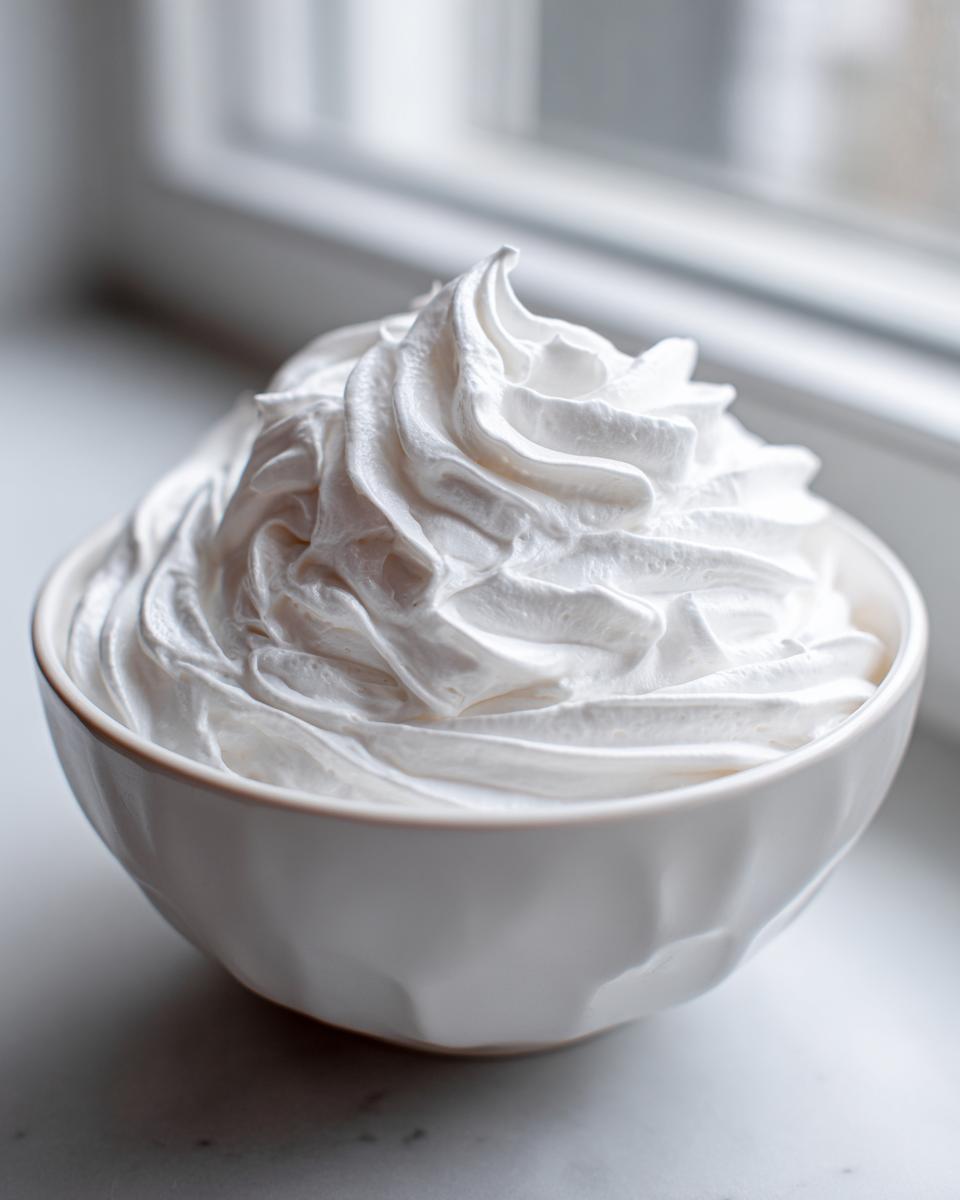 A white bowl filled with stiff, perfectly piped royal icing recipe mixture, ready for decorating.