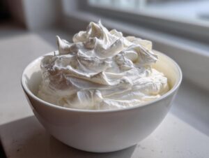 A white bowl filled with stiff, perfectly piped royal icing recipe mixture, ready for decorating.
