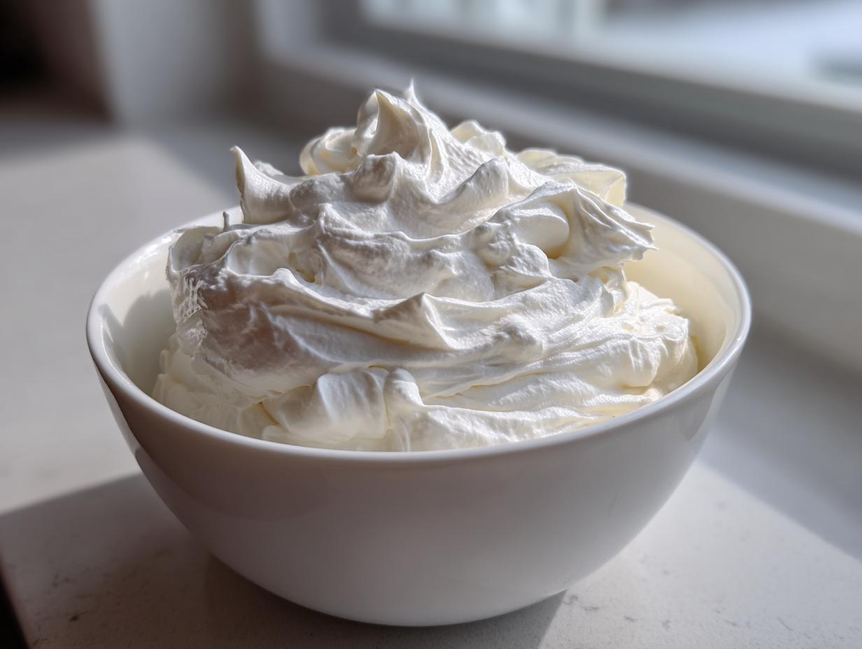 A white bowl filled with stiff, perfectly piped royal icing recipe mixture, ready for decorating.