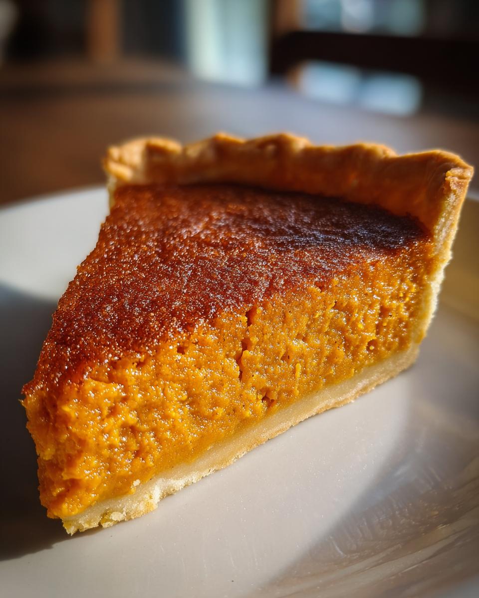 A close-up slice of rich orange Sweet Potato Pie showing a slightly caramelized, sugared top crust.