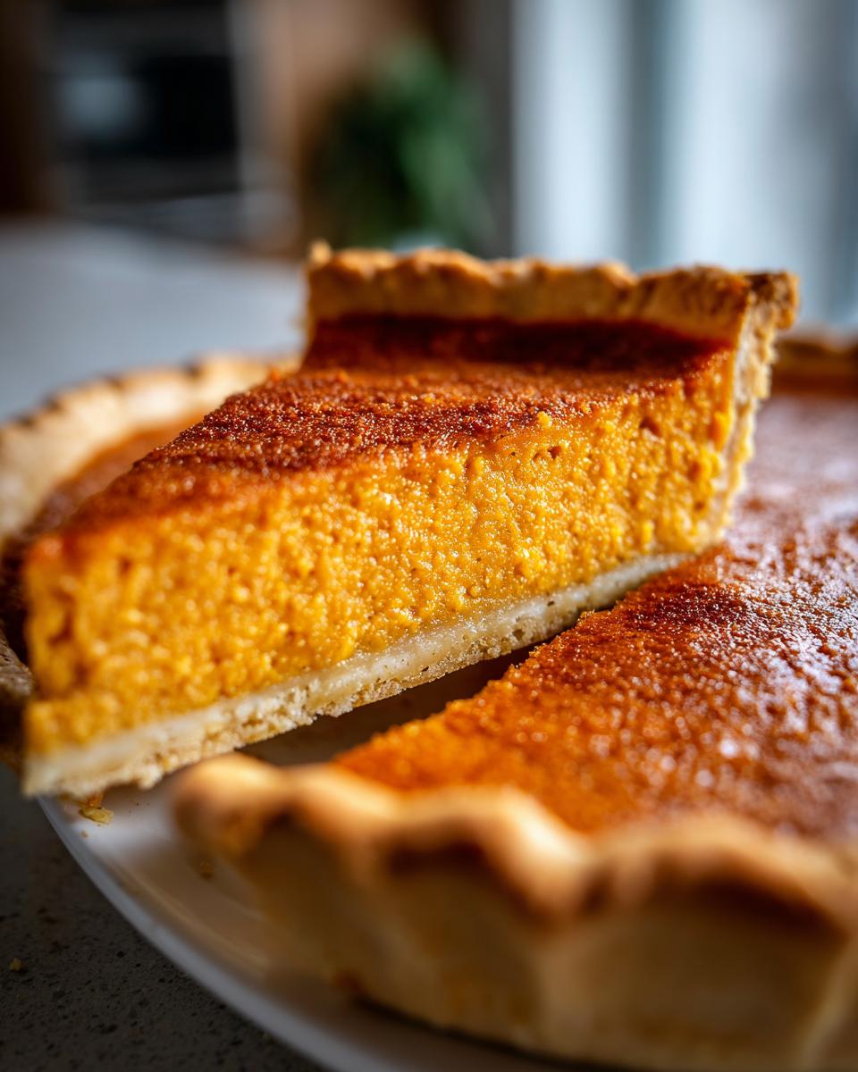 Close-up of a thick slice of rich orange Sweet Potato Pie showing the creamy filling and spiced crust edge.