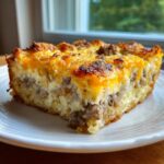 A close-up, appetizing slice of tater tot breakfast casserole with sausage, egg, and melted cheddar cheese topping.
