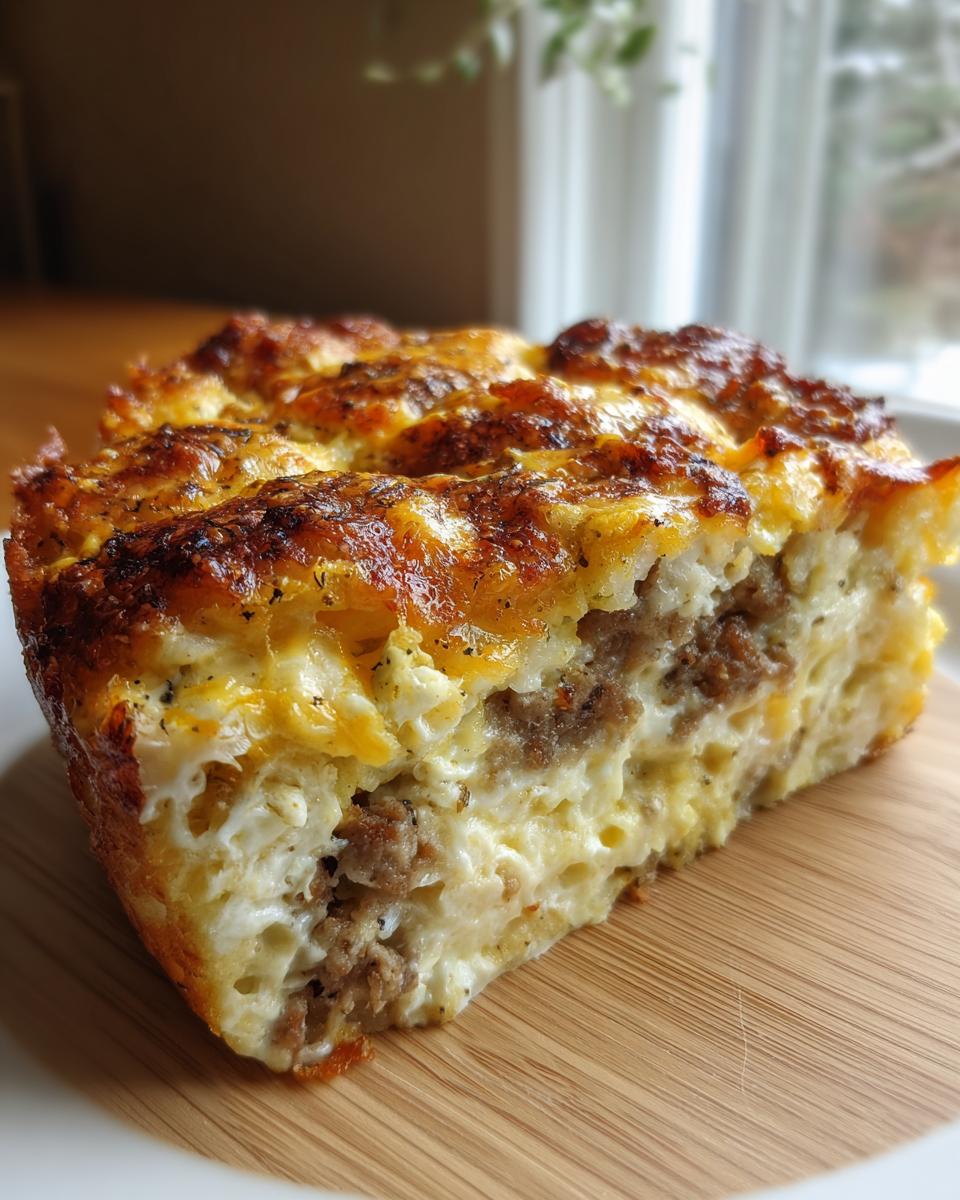 A close-up slice of tater tot breakfast casserole showing layers of egg, sausage, and a golden, cheesy top.