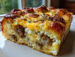 Close-up of a slice of tater tot breakfast casserole showing layers of sausage, egg, and crispy cheese topping.