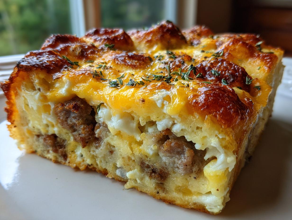 Close-up of a slice of tater tot breakfast casserole showing layers of sausage, egg, and crispy cheese topping.