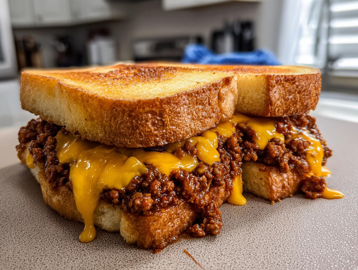 Close-up of cheesy texas toast sloppy joes showing rich meat filling and dripping melted cheddar cheese.