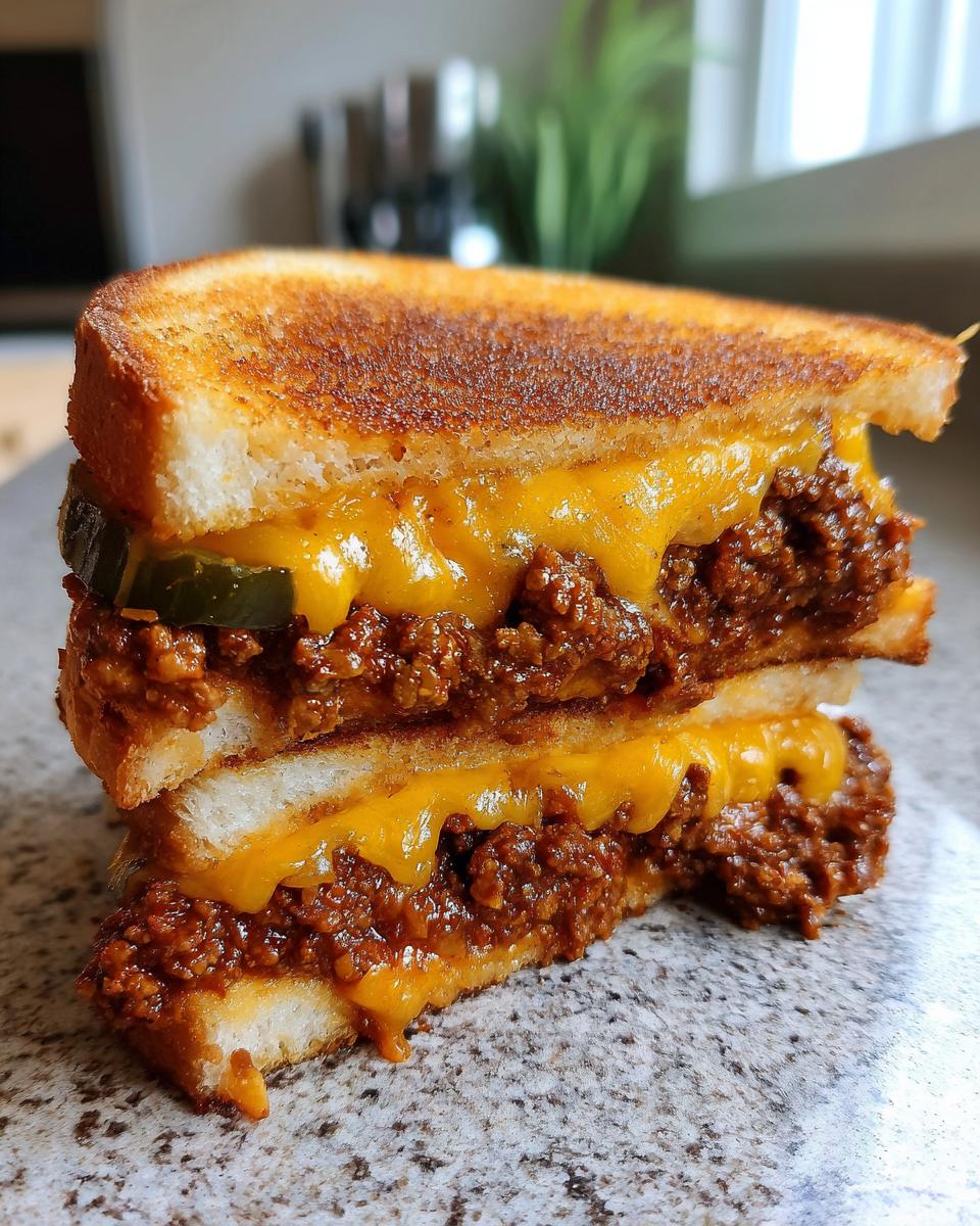 A close-up of a stacked texas toast sloppy joes sandwich with melted cheddar cheese and a pickle slice.