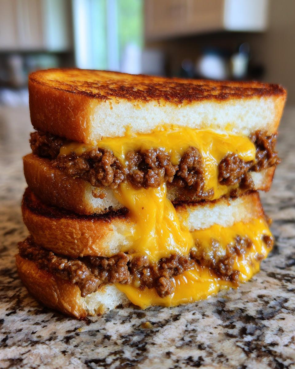 Close-up of a stacked, halved texas toast sloppy joes sandwich oozing with melted cheddar cheese and seasoned ground beef.