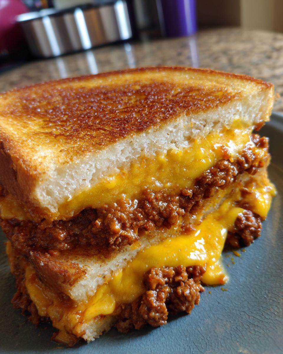 Close-up of a cross-section of texas toast sloppy joes, showing browned bread, rich meat filling, and melted cheddar cheese.