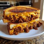 Two halves of a grilled sandwich stacked, overflowing with sloppy joe meat and melted cheddar cheese on texas toast.