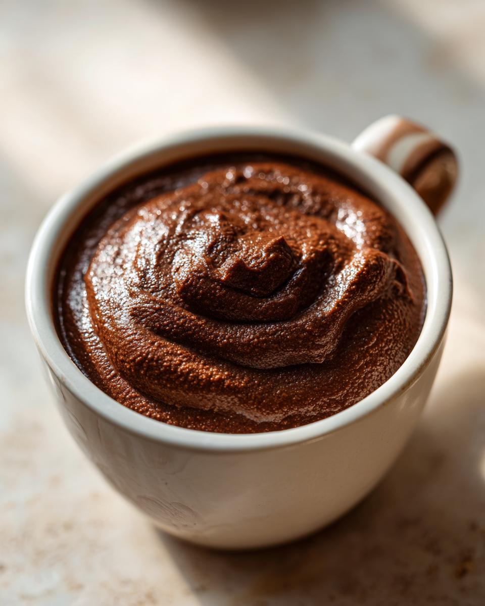 Close-up of rich, thick homemade chocolate pudding swirled inside a small white mug.