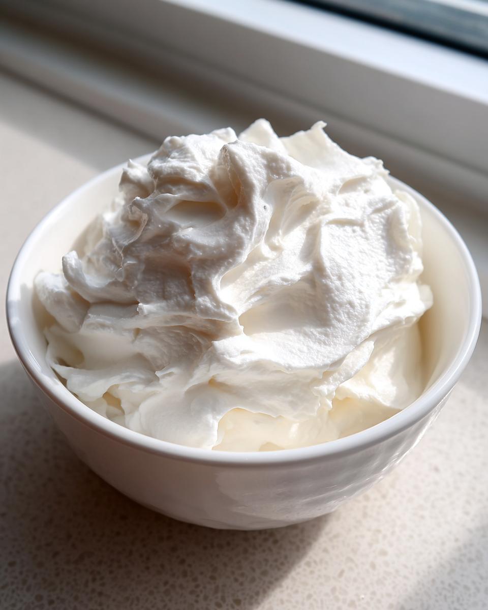 A close-up of thick, fluffy white royal icing recipe mixture in a small white bowl.
