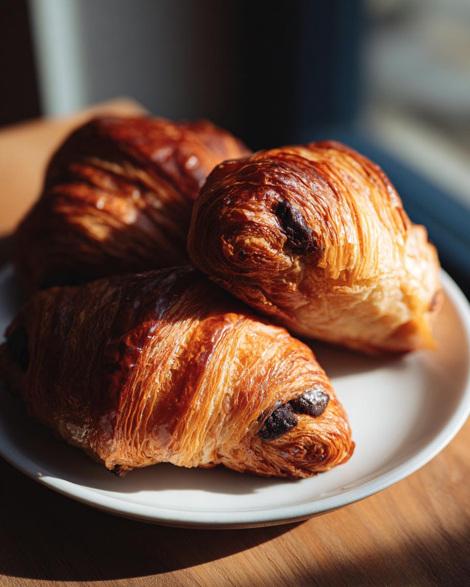 Close-up of three freshly baked, flaky chocolate croissant pastries piled on a white plate.