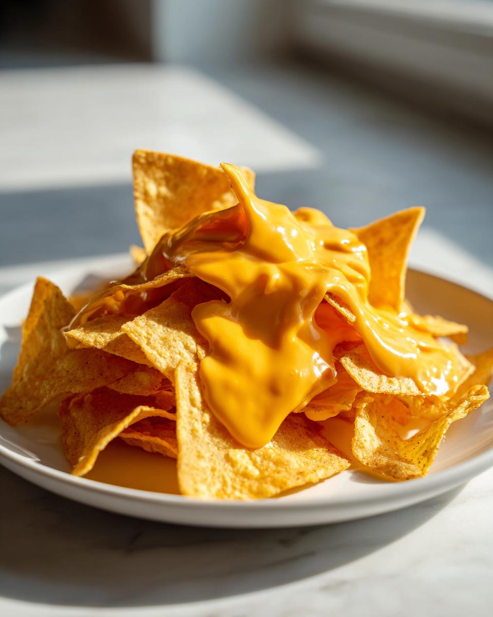 A pile of crispy tortilla chips generously covered with smooth, bright orange nacho cheese sauce.