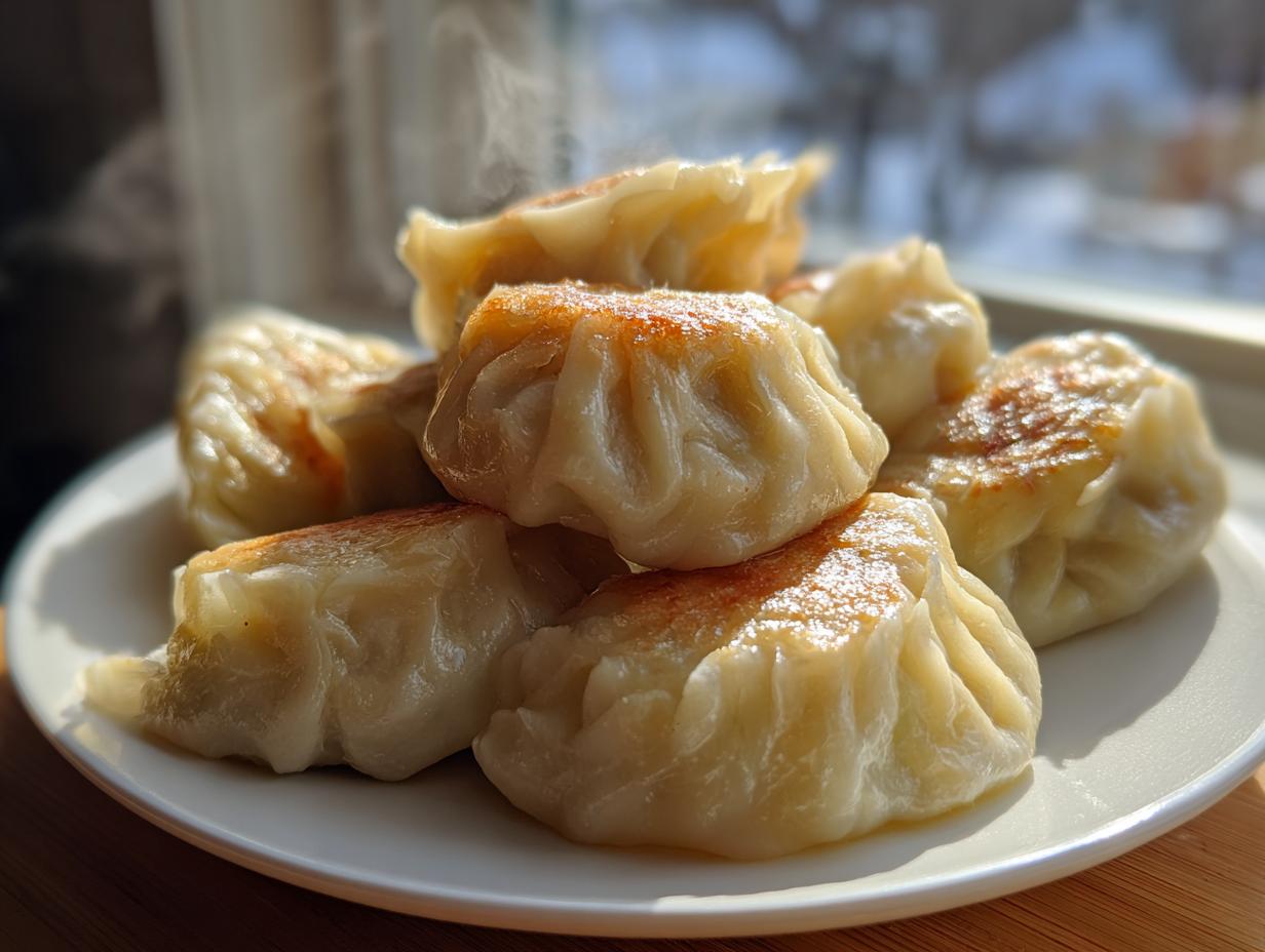 A close-up of several pan-fried Traditional Chinese Dumplings stacked on a white plate, showing light browning and steam rising.