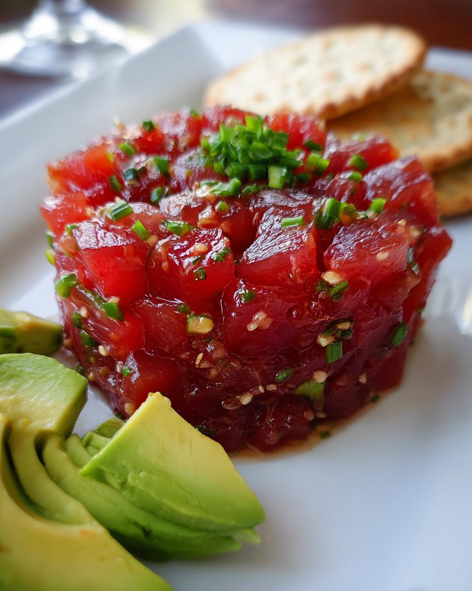 Close-up of a molded Tuna Tartare Recipe garnished with chives, served with sliced avocado and crackers.