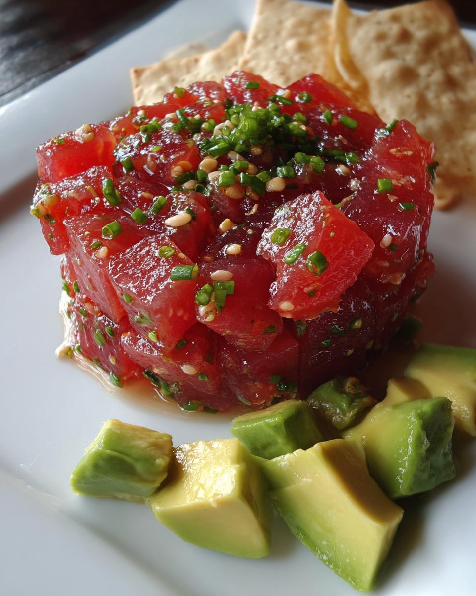 A molded serving of bright red Tuna Tartare Recipe garnished with chives and sesame seeds, served with avocado chunks.