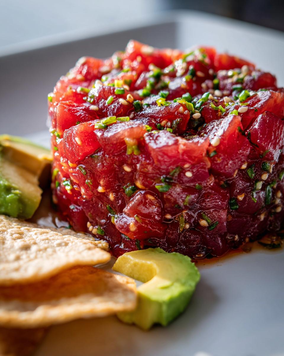 Close-up of a molded Tuna Tartare Recipe, garnished with sesame seeds and chives, served with avocado slices and crackers.