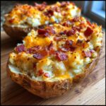 A close-up of a perfectly baked twice baked potatoes loaded with melted cheddar cheese and crispy bacon bits.