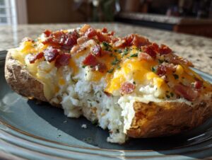 A close-up of a loaded twice baked potatoes, filled with creamy potato, melted cheddar cheese, and crispy bacon bits.