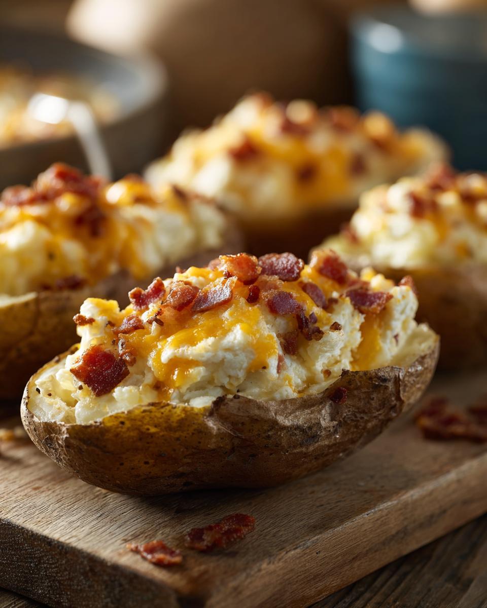 A close-up of a delicious twice baked potato stuffed with creamy filling, topped with melted cheddar cheese and crispy bacon bits.