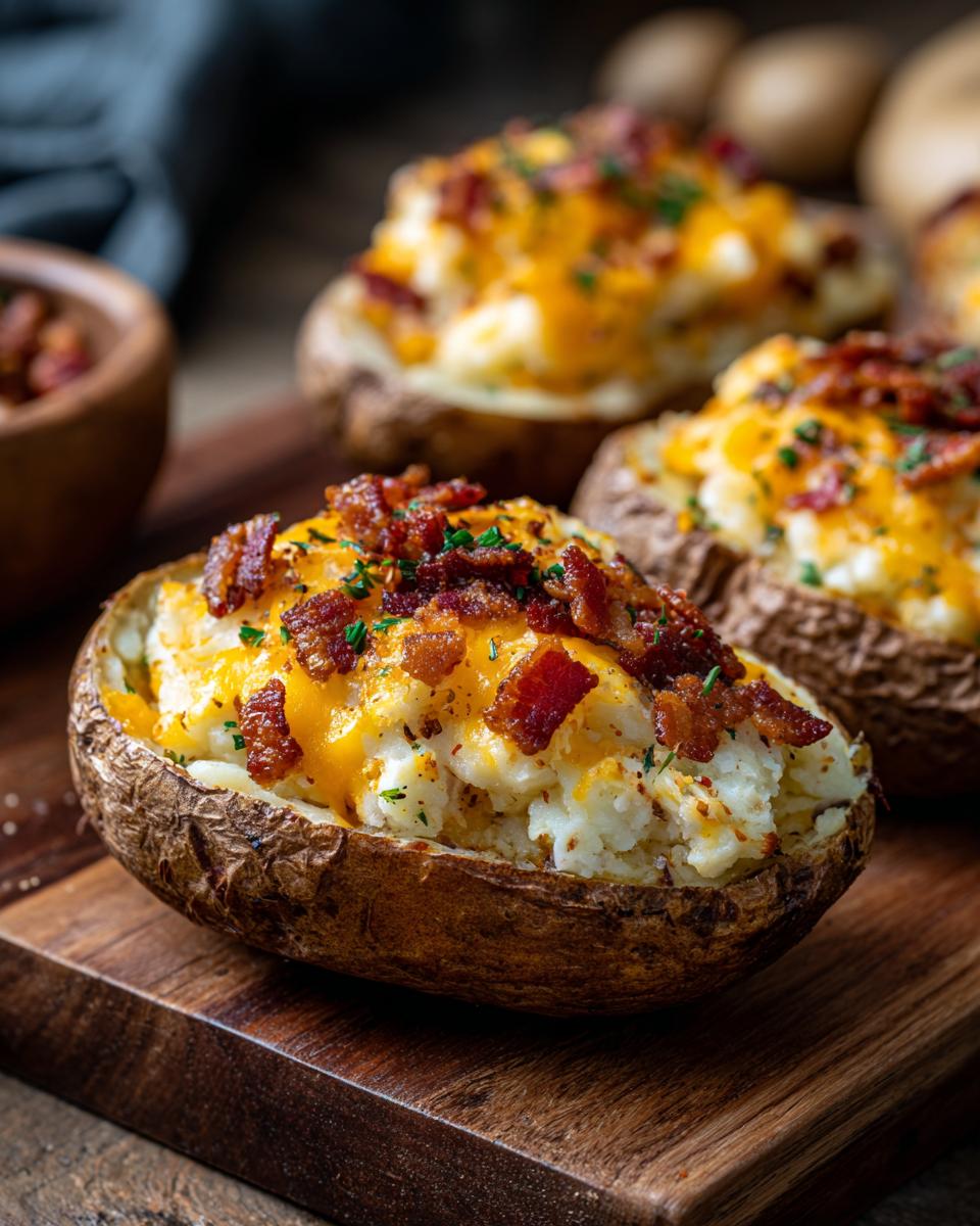 A close-up of a perfectly prepared twice baked potatoes loaded with melted cheddar cheese and crispy bacon bits.