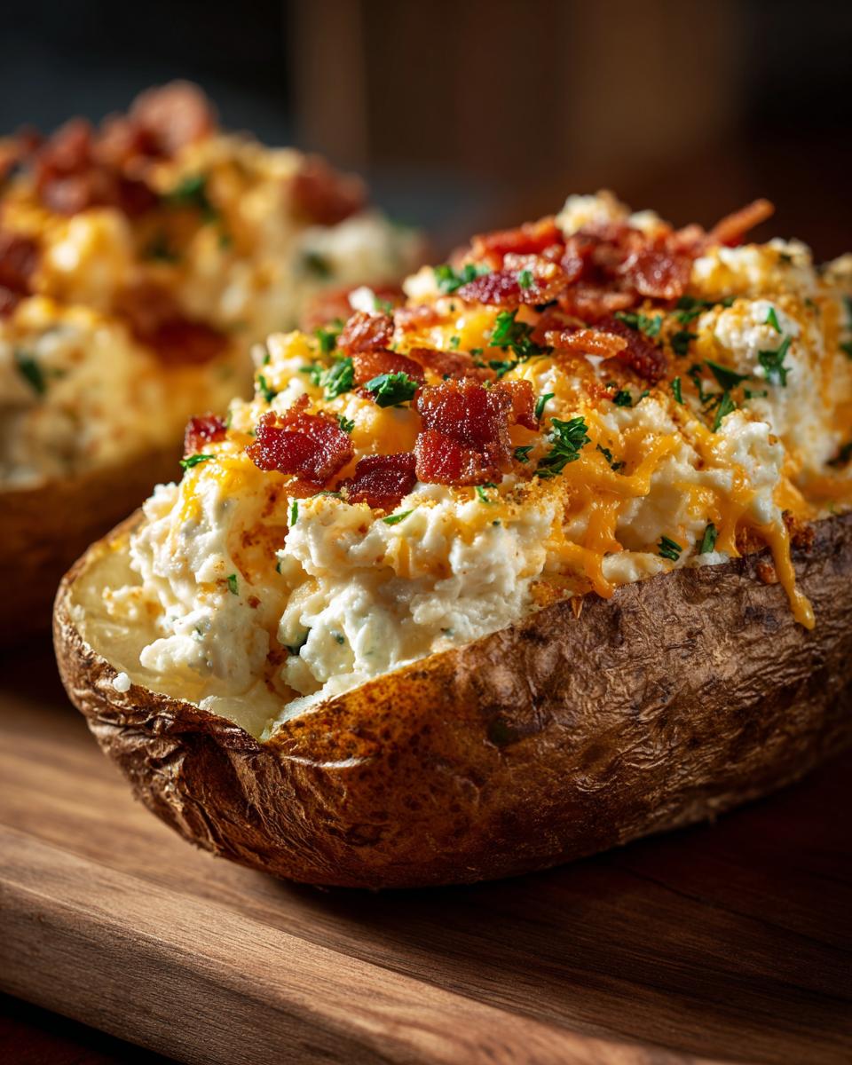 Close-up of a perfectly stuffed twice baked potatoes loaded with creamy filling, cheddar cheese, and crispy bacon bits.