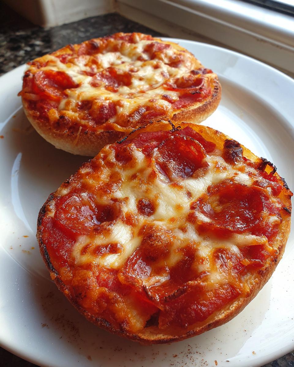Close-up of two freshly baked pepperoni english muffin pizza halves with melted, bubbly cheese on a white plate.
