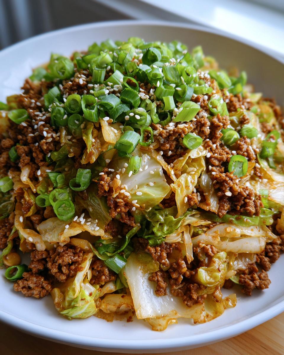 A close-up of a serving of egg roll in a bowl featuring ground meat, cabbage, and topped generously with chopped green onions and sesame seeds.