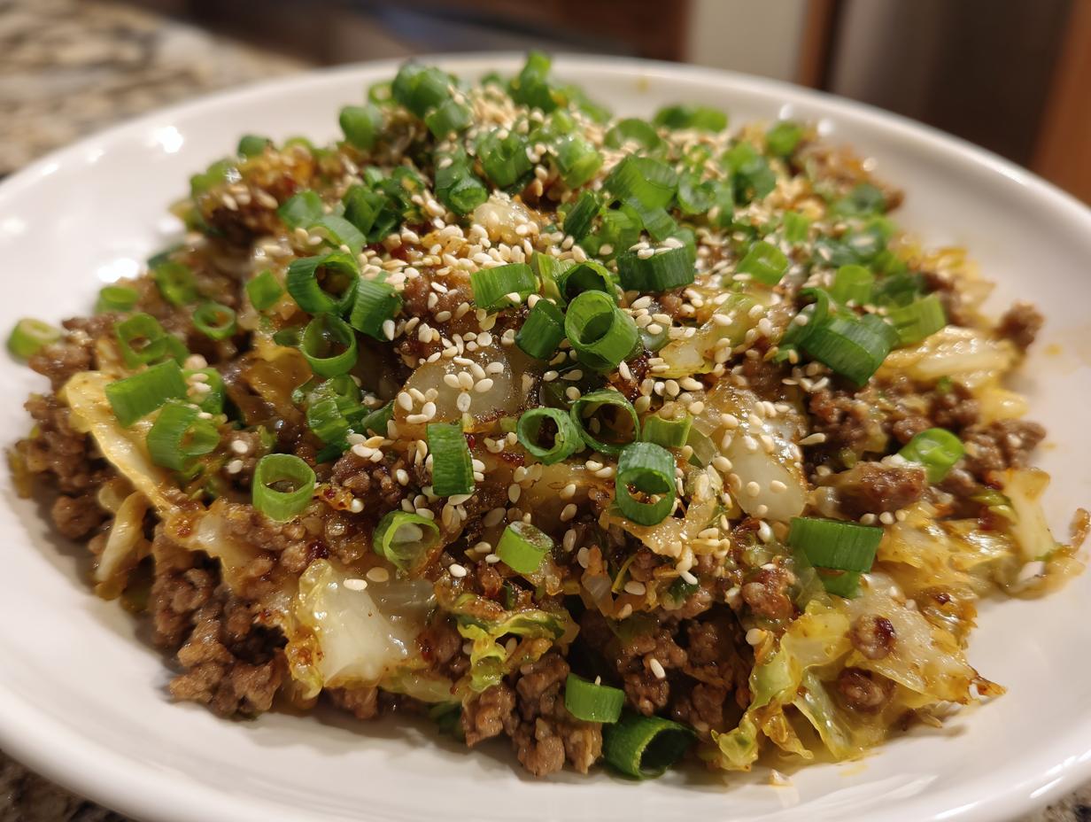 A close-up of a hearty serving of egg roll in a bowl, featuring ground meat and cabbage, garnished heavily with sliced green onions and sesame seeds.
