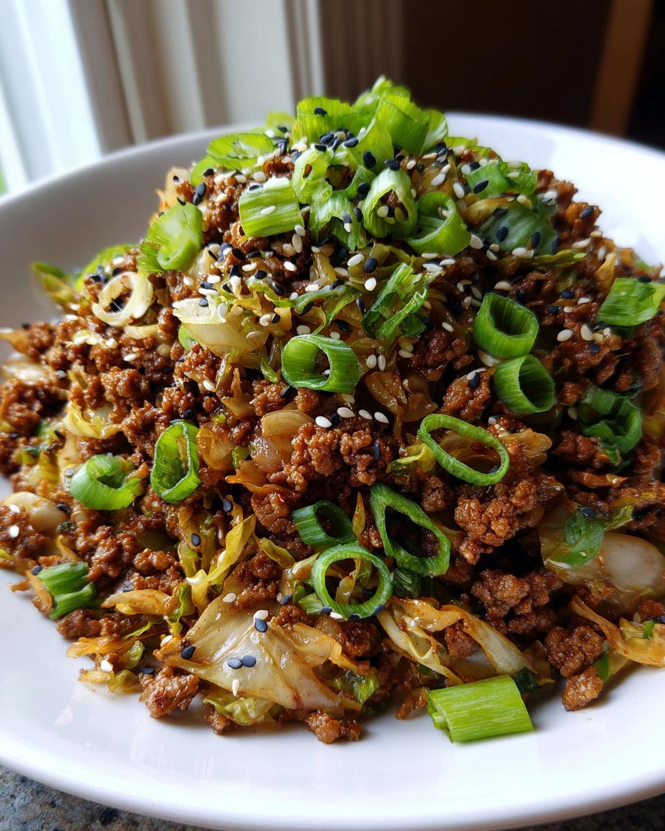 A close-up of a hearty serving of egg roll in a bowl, featuring seasoned ground meat and cabbage, topped with sliced green onions and sesame seeds.