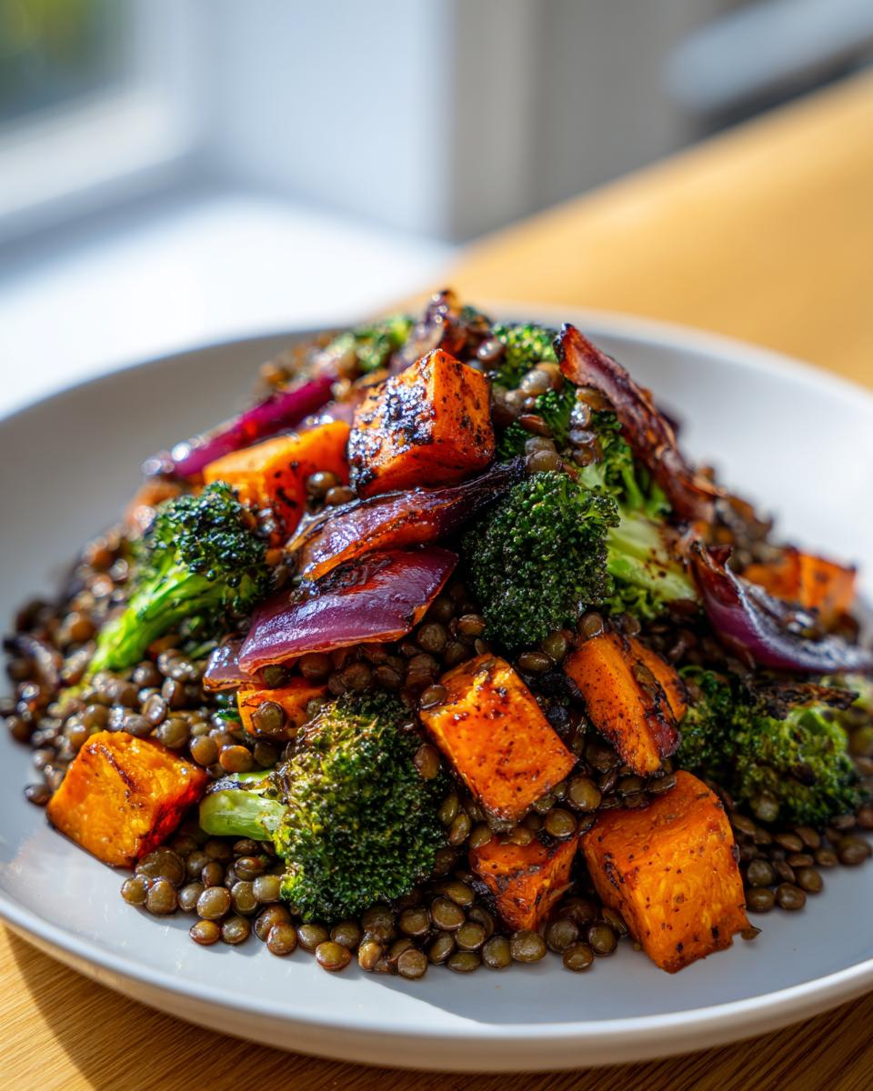 A close-up of a hearty veggie lentil salad featuring roasted sweet potatoes, broccoli, and red onion over brown lentils.