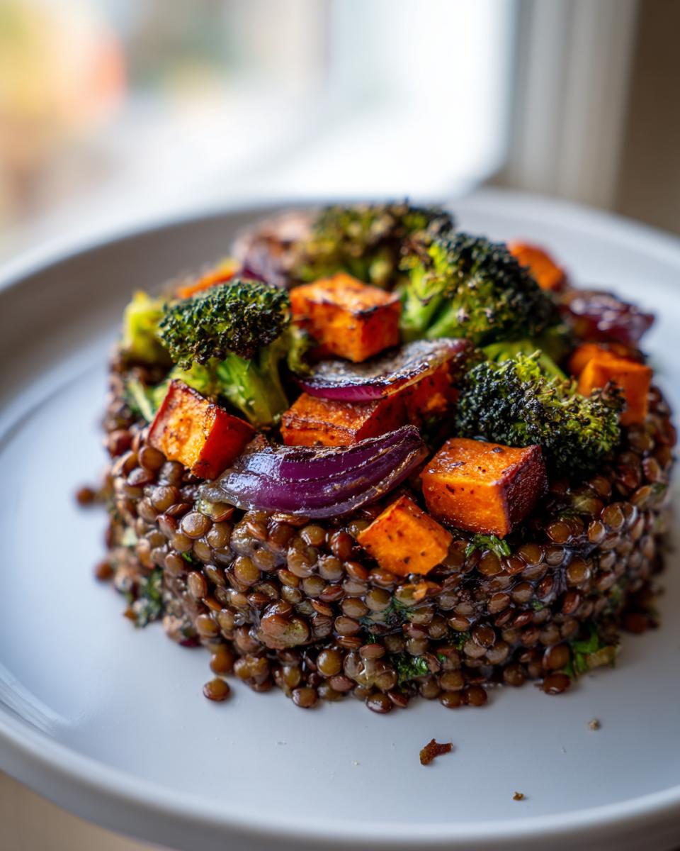 A molded serving of veggie lentil salad topped with roasted sweet potatoes, broccoli, and red onion.