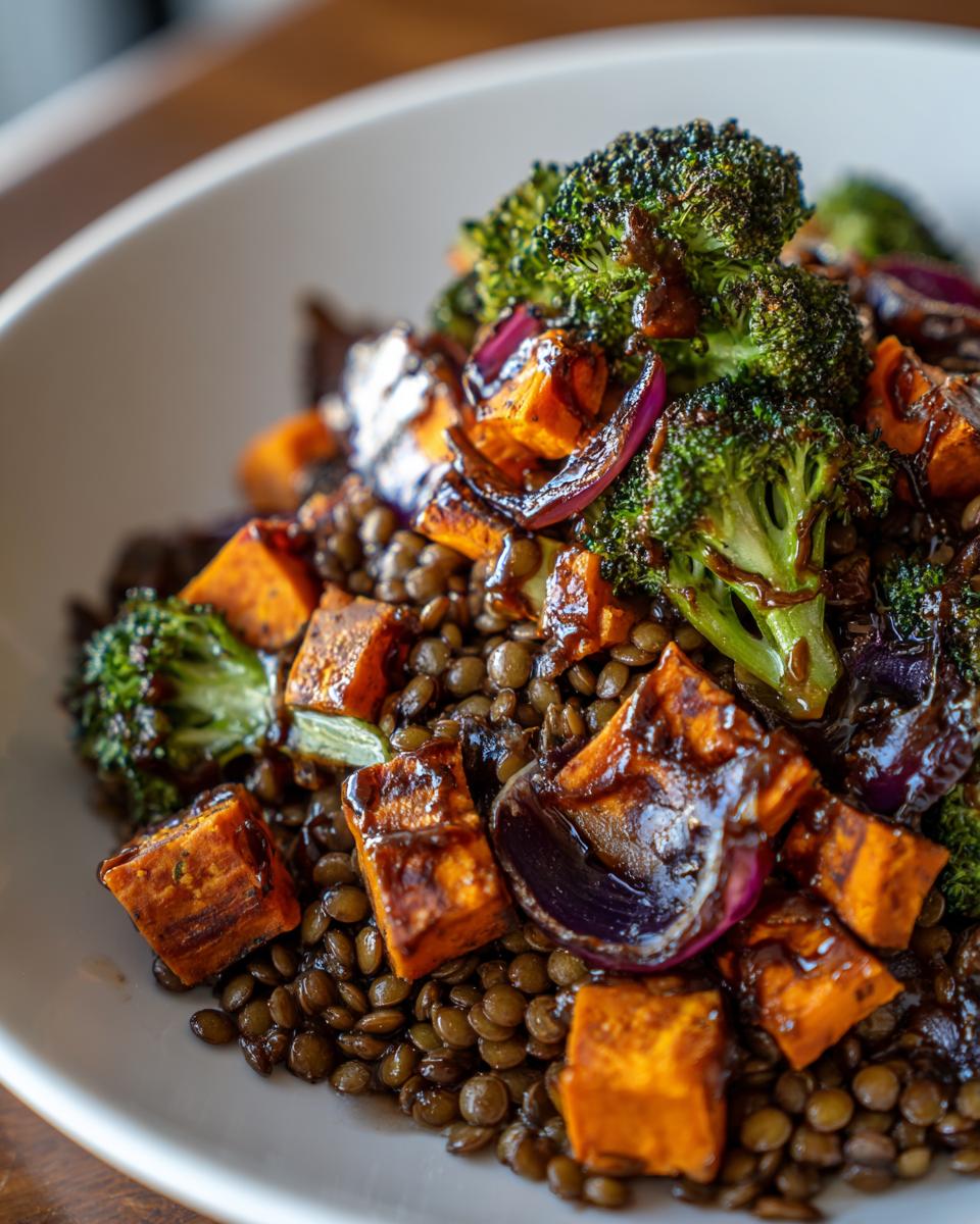 Close-up of a veggie lentil salad featuring brown lentils topped with roasted sweet potatoes, broccoli, and red onion.