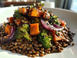 Close-up of a hearty veggie lentil salad featuring brown lentils topped with roasted sweet potato, broccoli florets, and red onion slices.