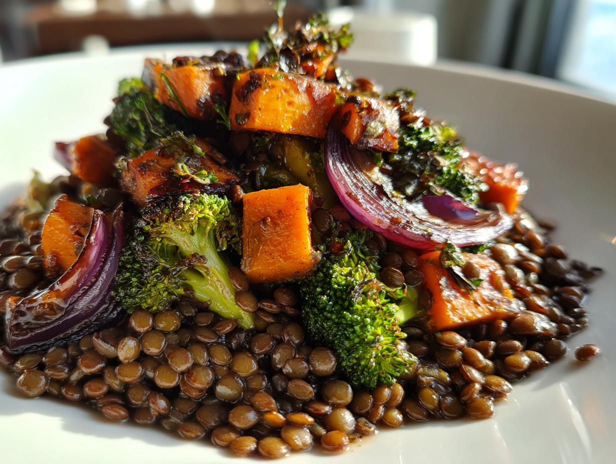Close-up of a hearty veggie lentil salad featuring brown lentils topped with roasted sweet potato, broccoli florets, and red onion slices.