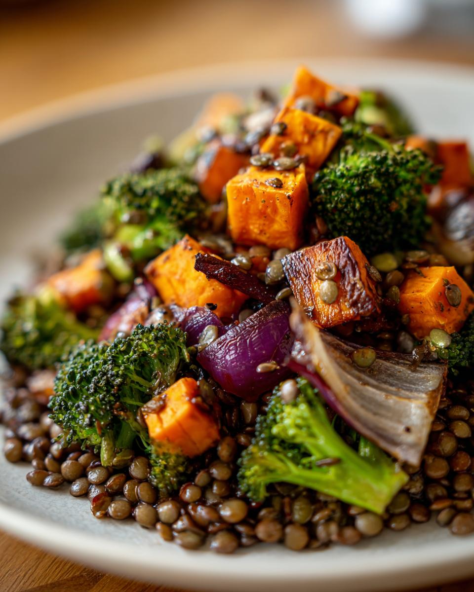 Close-up of a hearty veggie lentil salad featuring roasted sweet potatoes, broccoli florets, and red onion.