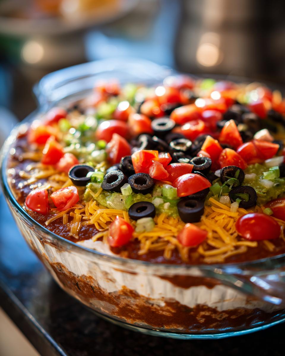 A close-up view of a vibrant Seven layer dip topped with shredded cheese, sliced black olives, diced tomatoes, and green onions.