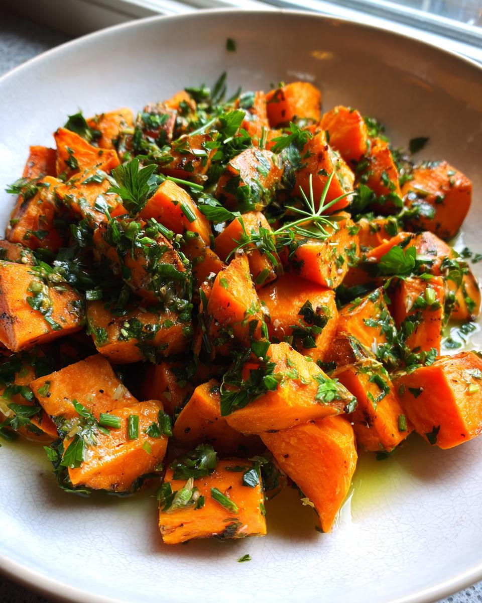 Close-up of vibrant orange roasted sweet potato salad chunks tossed in a bright green herb and oil dressing.