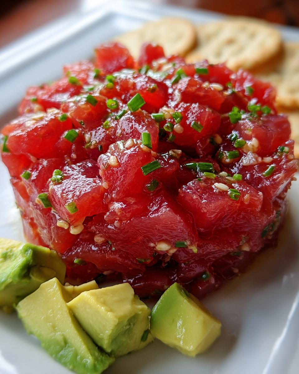 Close-up of stacked, vibrant red tuna tartare recipe garnished with chives and sesame seeds, served with avocado cubes.