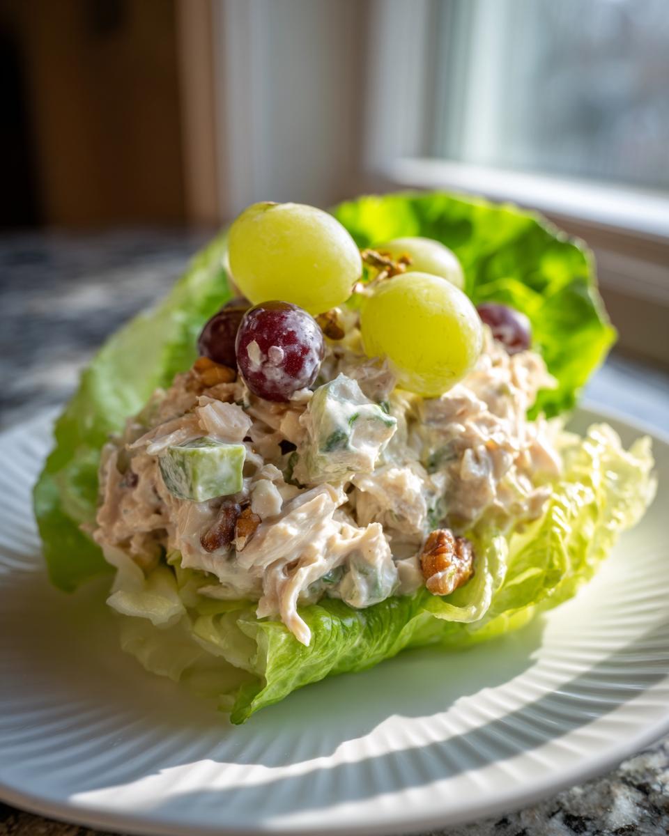 A scoop of creamy Waldorf salad topped with green and red grapes and walnuts, served in a crisp lettuce cup.