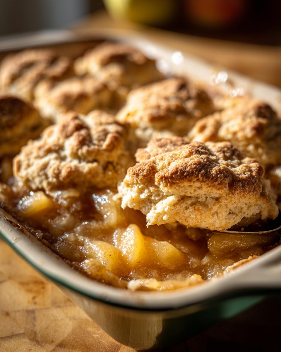 A spoonful of warm, bubbly apple cobbler being lifted from a baking dish showing golden biscuits.